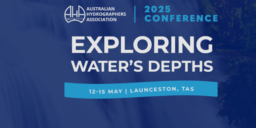 The Australian Hydrographers Association 2025 Conference banner: a blue background with the words "Exploring Water's depths"
